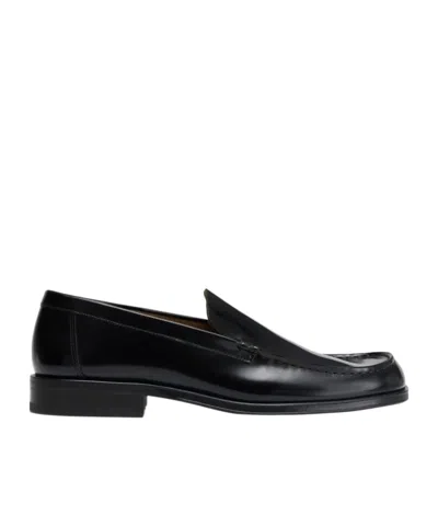 Lemaire Polished Black Calf Leather Loafers With Tonal Stitching In Black