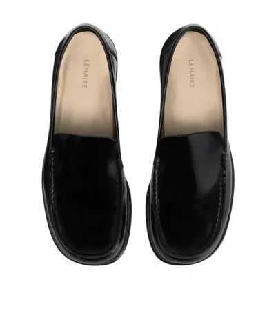 Lemaire Polished Black Calf Leather Loafers With Tonal Stitching In Black
