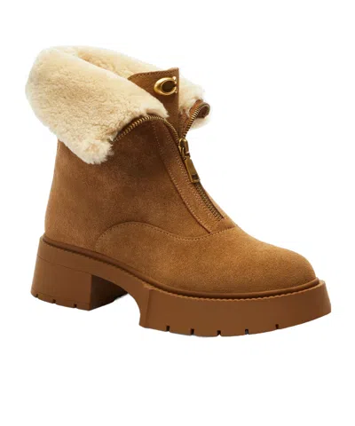 Coach Leah Coconut Natural Suede Front Zip Platform Boots In Brown