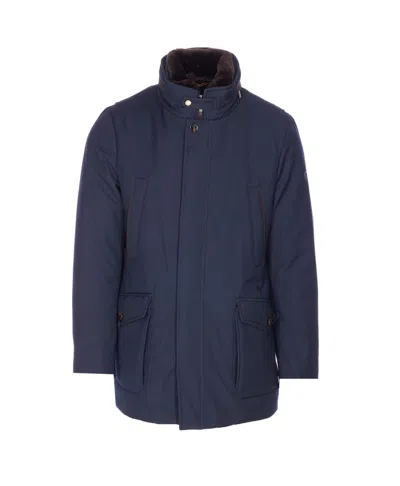 Moorer Short Jacket Featuring High Collar And Pockets In Blue