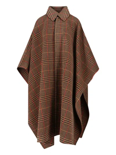 Saint Laurent Plaid Cape In Brushed Wool In Brown