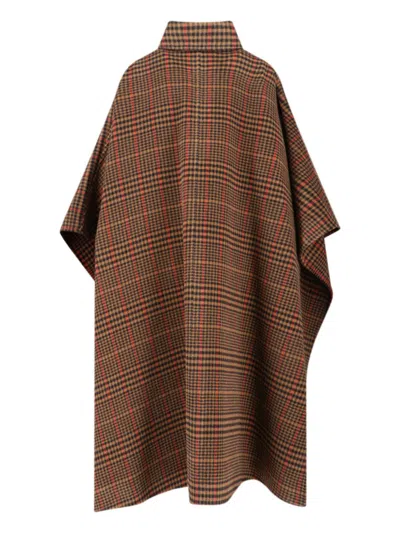 Saint Laurent Plaid Cape In Brushed Wool In Brown