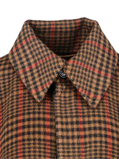 Saint Laurent Plaid Cape In Brushed Wool In Brown