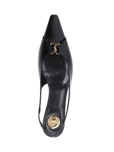 Saint Laurent Babylone Leather Ysl Slingback Ballerina Flats In Black