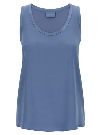 Brunello Cucinelli Satin Scoop Neck Sleeveless Top In Blue