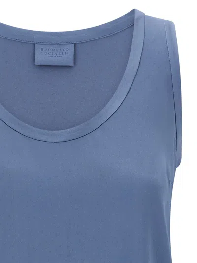 Brunello Cucinelli Satin Scoop Neck Sleeveless Top In Blue