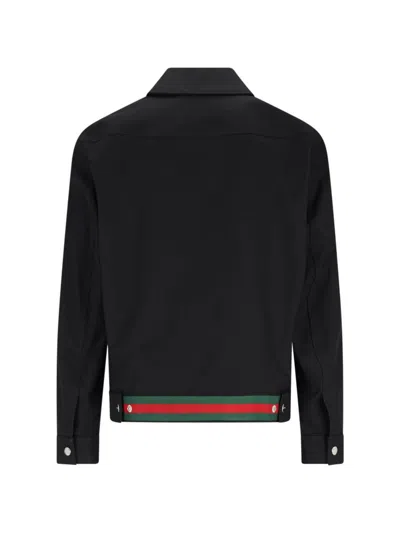 Gucci Men Black Jacket With Classic Collar And Web Motif On The Waist In Cotton Man In Black