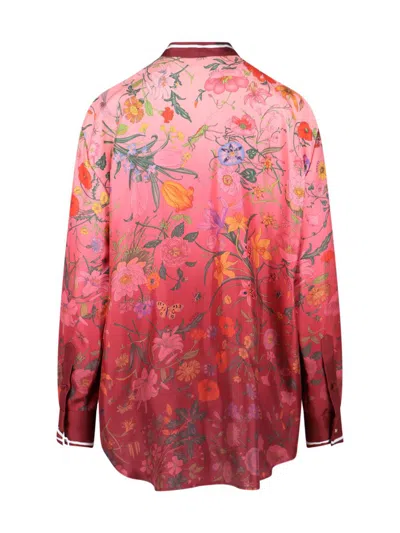 Gucci Bordeaux Shirt With Collar With Bow And All-over Flora Print In Silk Woman In Multi
