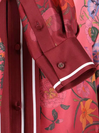 Gucci Bordeaux Shirt With Collar With Bow And All-over Flora Print In Silk Woman In Multi
