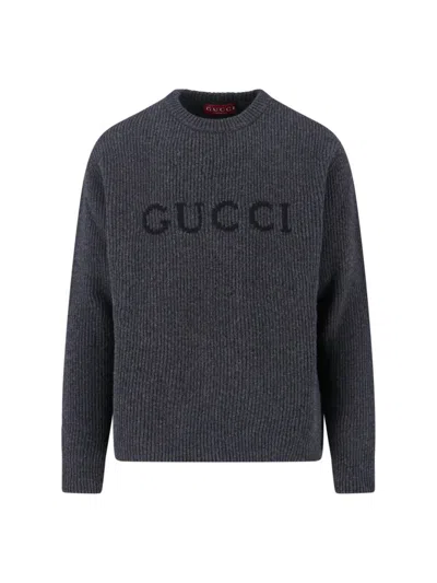Gucci Grey Crewneck Sweater With Logo Lettering Embroidery On The Front In Wool Man In Gray