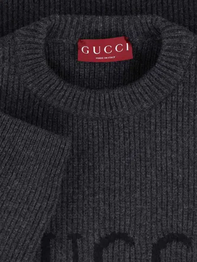 Gucci Grey Crewneck Sweater With Logo Lettering Embroidery On The Front In Wool Man In Gray
