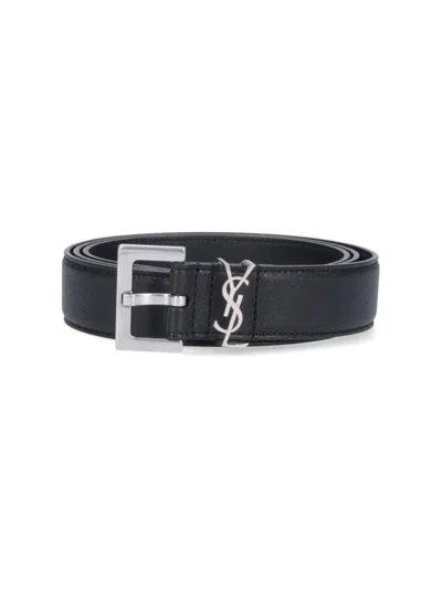 Saint Laurent Grained Leather Cassandre Thin Belt With Square Buckle Accessories In Black