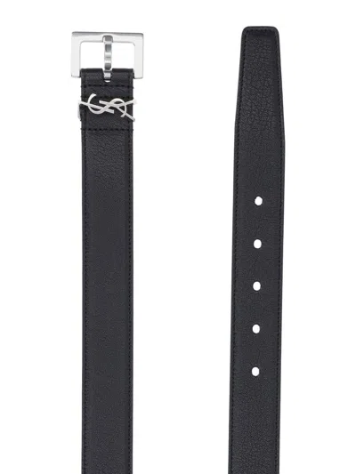 Saint Laurent Grained Leather Cassandre Thin Belt With Square Buckle Accessories In Black