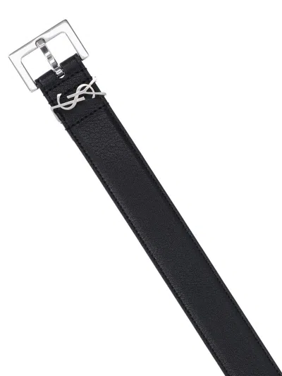 Saint Laurent Grained Leather Cassandre Thin Belt With Square Buckle Accessories In Black
