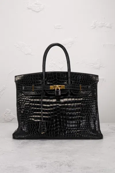 Pre-owned Hermes Shiny Crocodile  Birkin 35 Handbag In Black