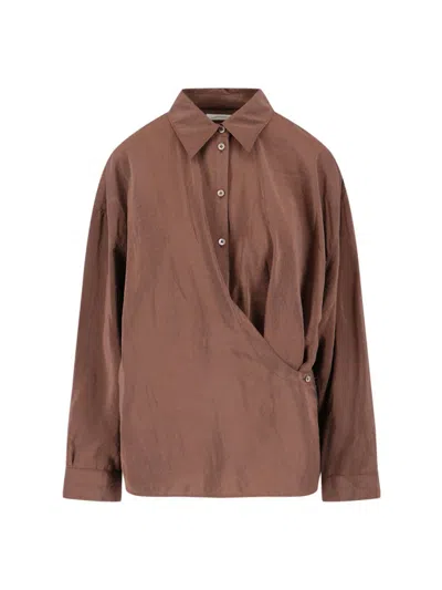 Lemaire Straight Collar Twisted Cotton Shirt In Brown