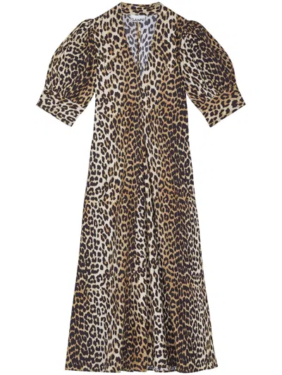 Ganni Organic Cotton Maxi Dress In Animal Print