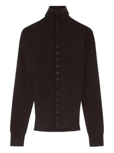 Lemaire Wool Cardigan Featuring High Collar And Ribbed Cuffs In Brown