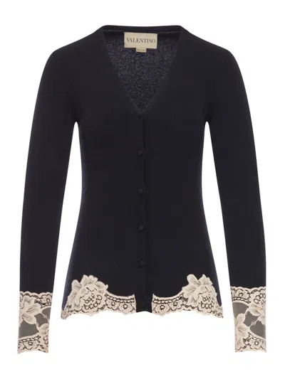 Valentino Cashmere Cardigan With Lace Inserts In Black