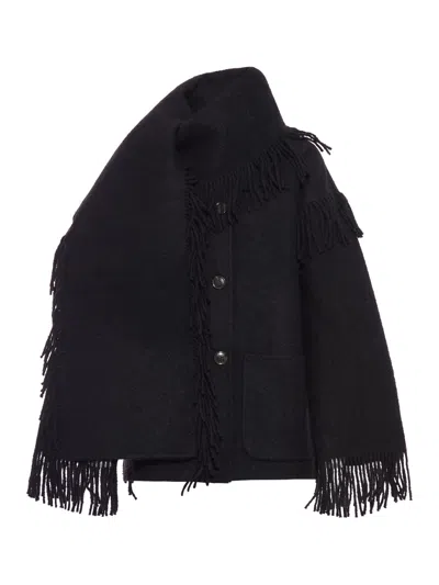 Totême Toteme Fringed Scarf-effect Wool-blend Jacket In Black