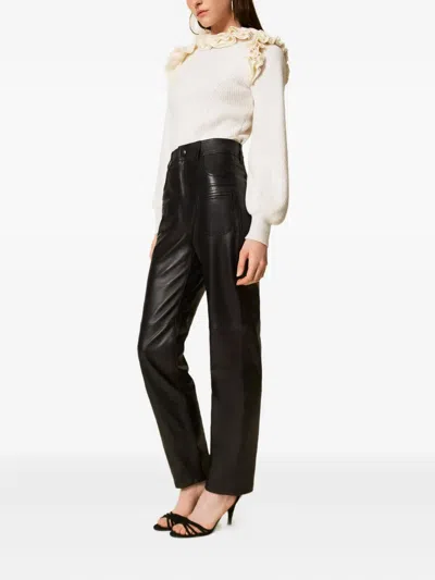 Twinset Twin-set Black Pants With Elastic Waistband And Logo In Eco Leather In Black