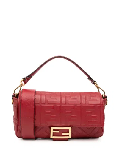 Pre-owned Fendi 2010-2025 Zucca Embossed Leather Baguette Satchel In Red