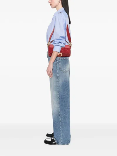 Pre-owned Fendi 2010-2025 Zucca Embossed Leather Baguette Satchel In Red