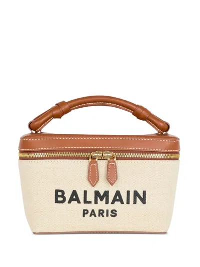 Balmain Structured Canvas Bag With Leather Handle And Logo In Neutral