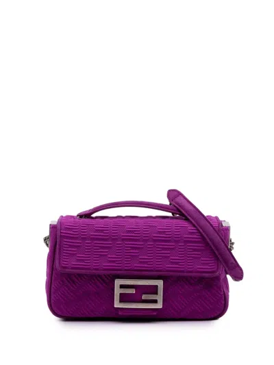 Pre-owned Fendi 2021-2025 Zucca Embossed Technical Fabric Chain Midi Baguette Shoulder Bag In Purple