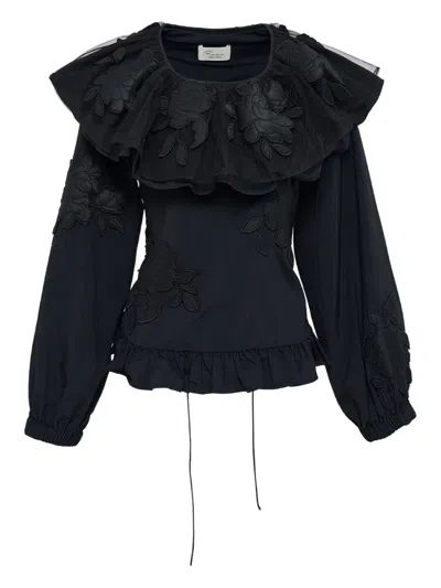 Caroline Hu Ruffle Embroidered Blouse In Black