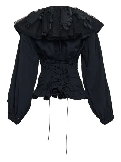 Caroline Hu Ruffle Embroidered Blouse In Black