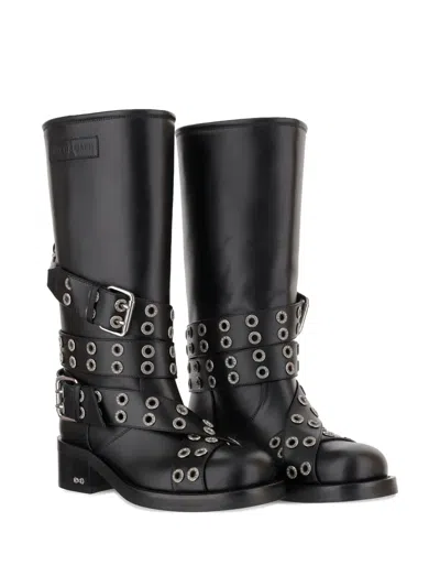 Mach&mach Vintage Leather Combat Ankle Boots With Buckles In Black