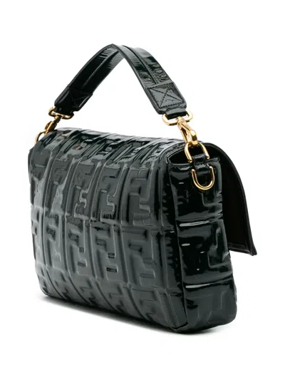 Pre-owned Fendi 2010-2025 Large Zucca Embossed Patent Baguette Satchel In Green