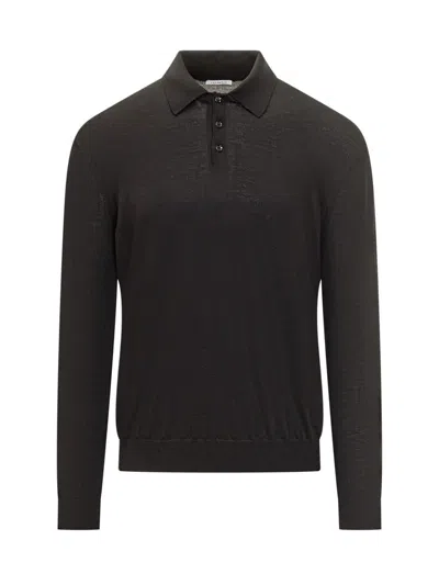 Malo Black Virgin Wool Long Sleeve Polo Shirt In Black