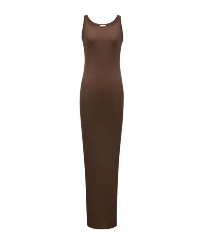 Saint Laurent Sleeveless Scoop Neck Ribbed Maxi Dress In Brown