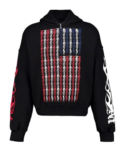 Palm Angels Black Full-zip Hooded Sweatshirt With Flames Flag In Black