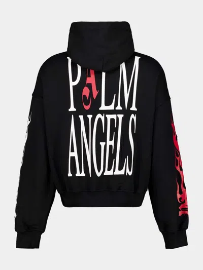 Palm Angels Black Full-zip Hooded Sweatshirt With Flames Flag In Black