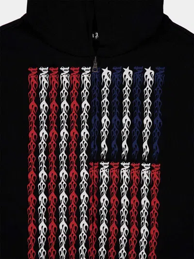Palm Angels Black Full-zip Hooded Sweatshirt With Flames Flag In Black