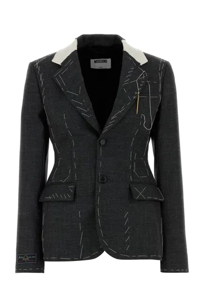 Moschino Embroidered Wool Canvas Jacket With Notch Lapel In Black