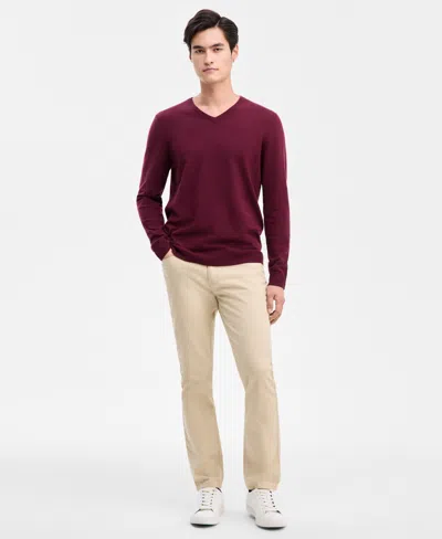 Alfani Men's Solid V-neck Cotton Sweater, Created For Macy's In Burgundy