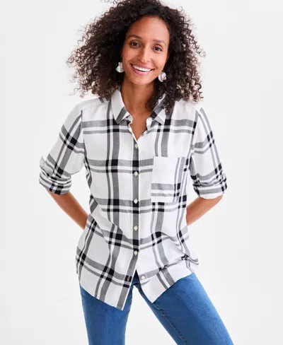 Style & Co Women's Plaid Button-down Perfect Shirt, Created For Macy's In Gray