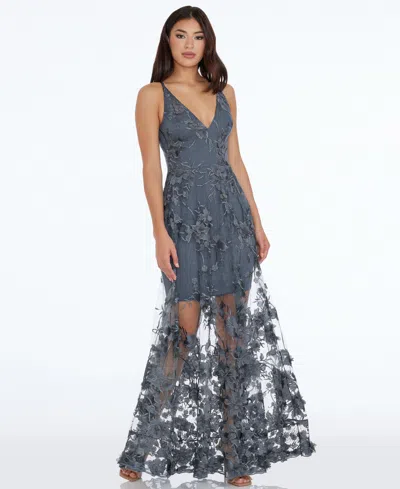 Dress The Population Sidney V-neck A-line Lace Floral Appliqué Gown In Gray