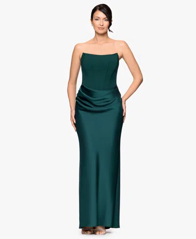 Betsy & Adam Strapless Mixed Mediia Gown In Green