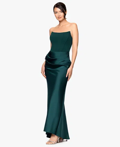 Betsy & Adam Strapless Mixed Mediia Gown In Green