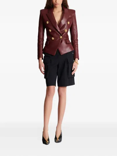Balmain Double-breasted Lambskin Leather Blazer In Red