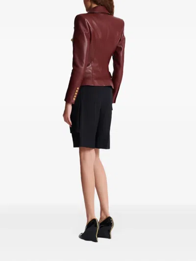 Balmain Double-breasted Lambskin Leather Blazer In Red