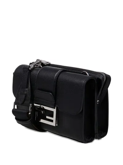 Fendi Double Baguette Grained Leather Messenger Bag In Black