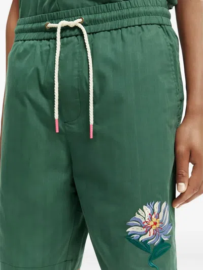 Scotch & Soda Floral-embroidered Drawstring Shorts In Green