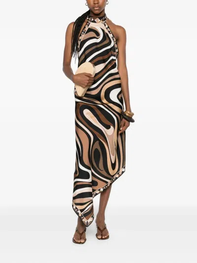 Pucci Marmo Asymmetric Printed Silk-twill Halterneck Dress In Multi