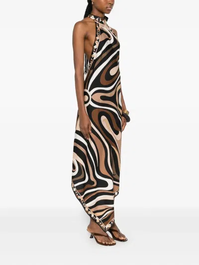 Pucci Marmo Asymmetric Printed Silk-twill Halterneck Dress In Multi